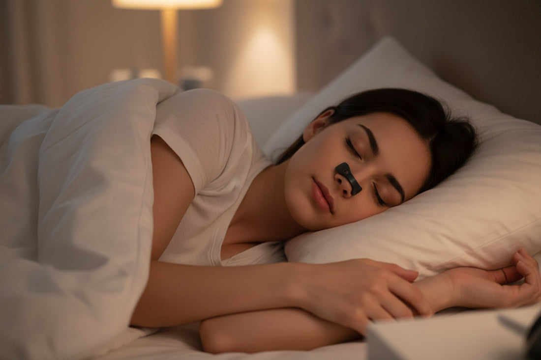 Person sleeping comfortably using a nasal breathing support device at night