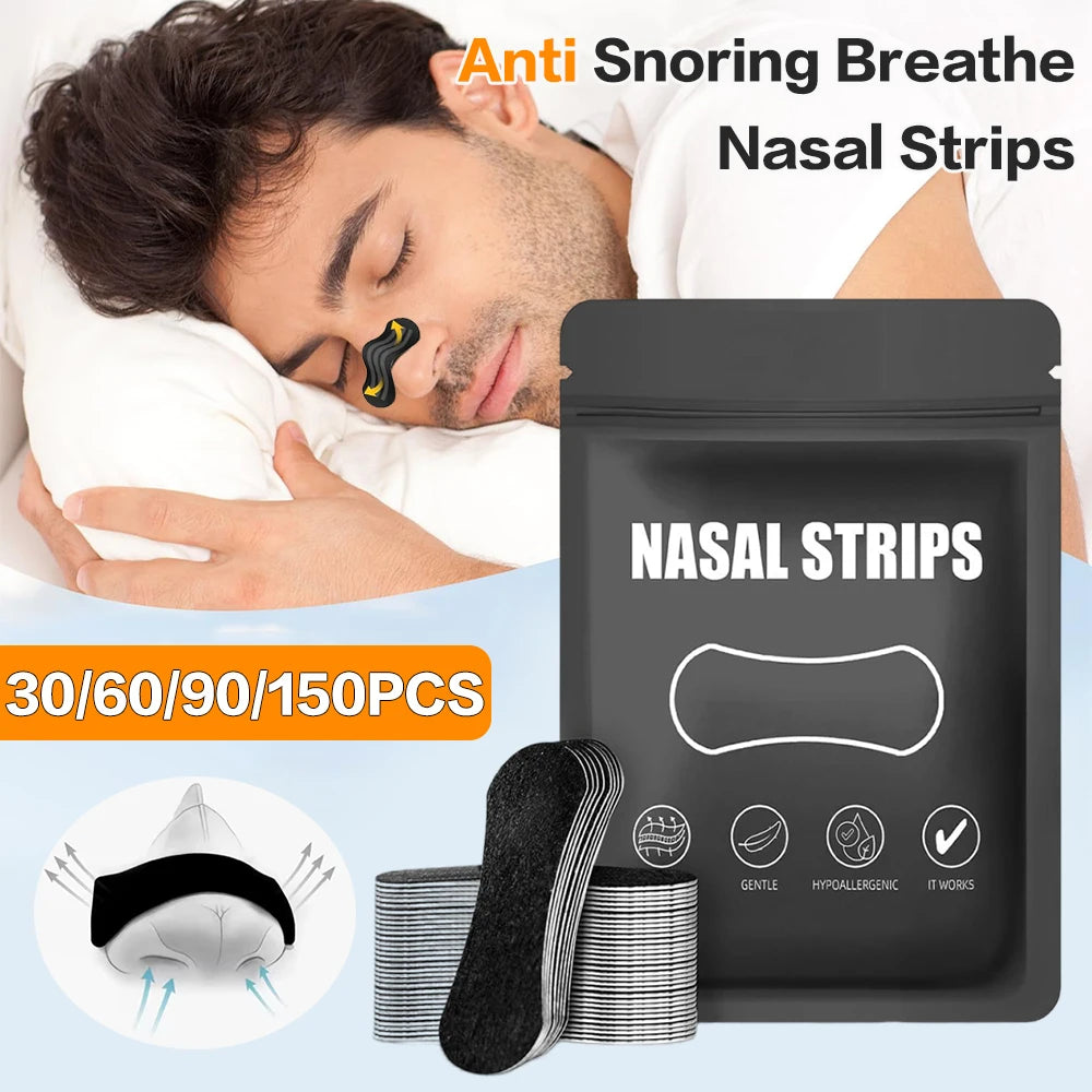 Anti Snoring Nose Strips for better breathing and peaceful sleep, with packaging and product details featured.