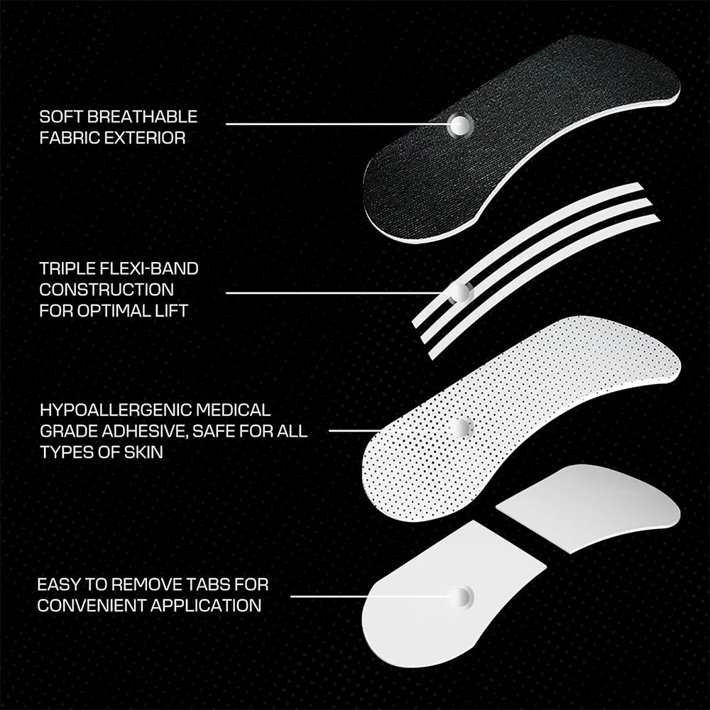 Anti Snoring Nose Strips features including breathable fabric, flexi-band construction, and hypoallergenic adhesive.