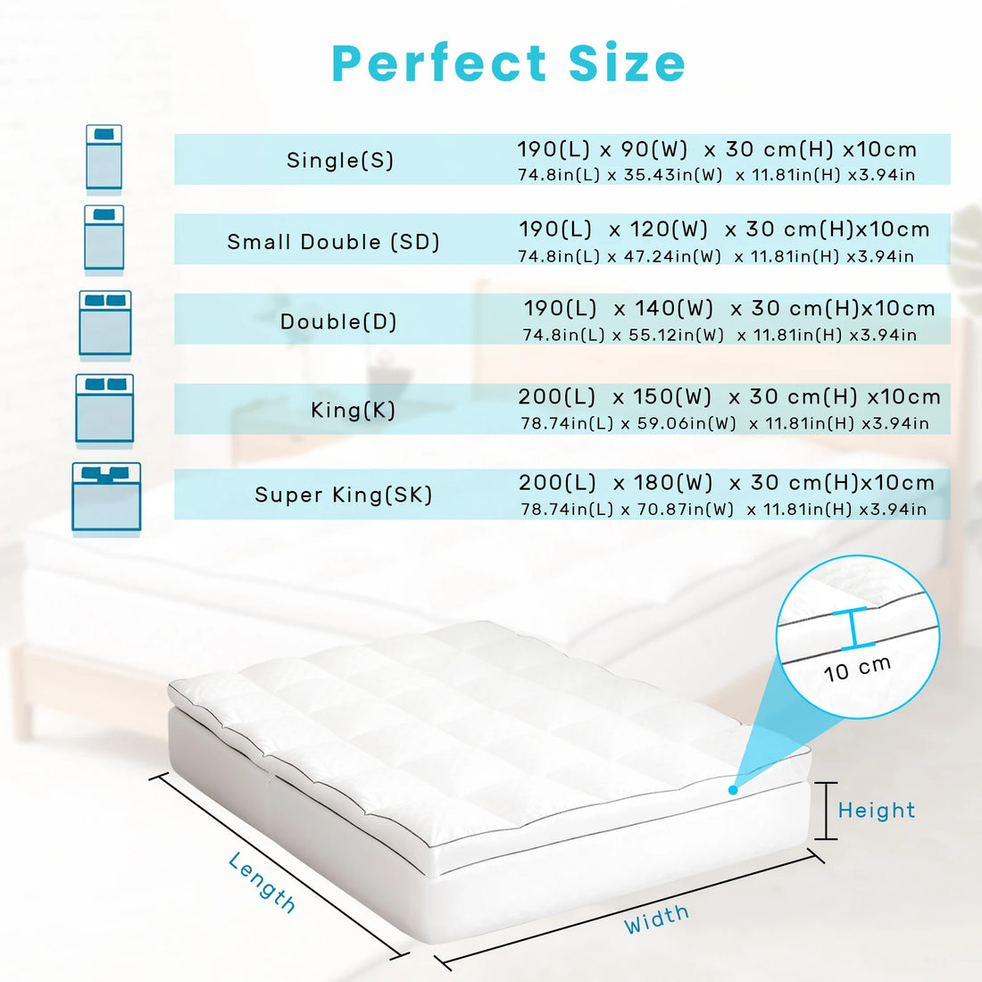Double Mattress Topper 4 Inch/10cm Quilted, Hypoallergenic Thick Breathable Mattress Topper with Elastic Anchor Corner Straps size chart