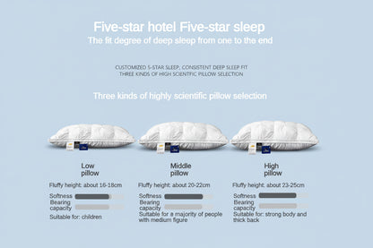 Goose Pillow options showing low, middle, and high pillows with fluffy heights and features for personalized sleep comfort.